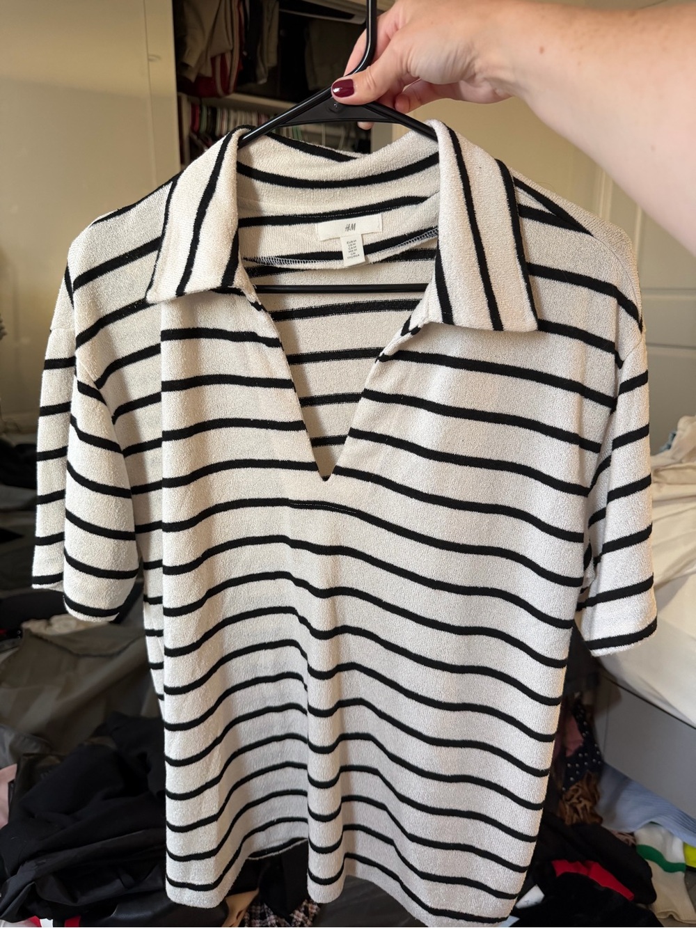 H&M Black and White Striped Short-Sleeve Polo